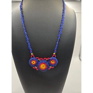 Handmade Seed Bead Floral Bib Necklace Blue Red Yellow Boho Statement Jewelry